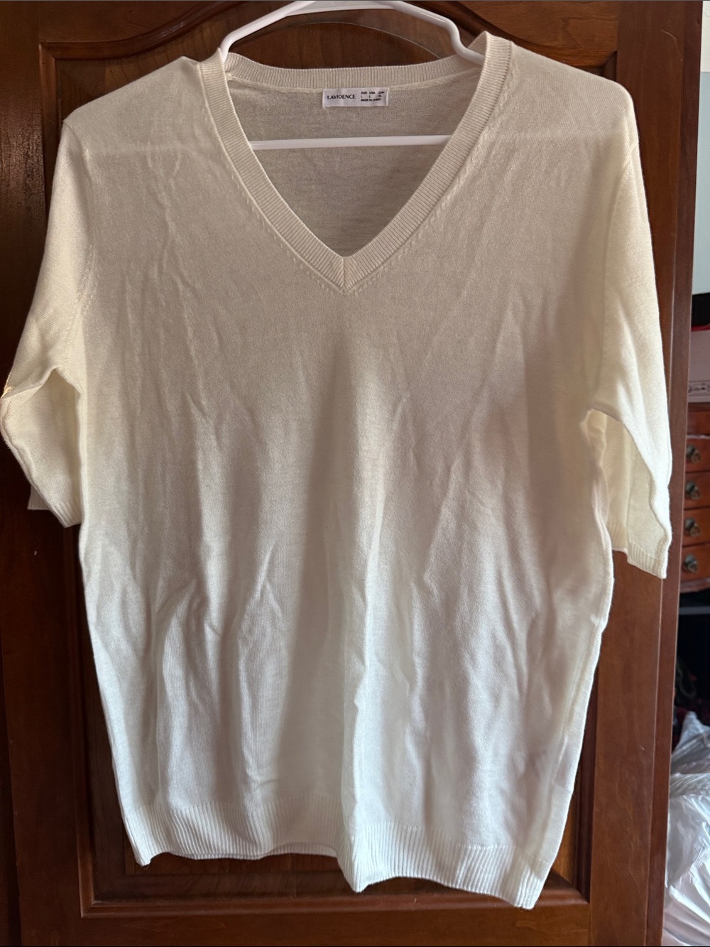 V-Neck Short Sleeve Knit Sweater in Cream